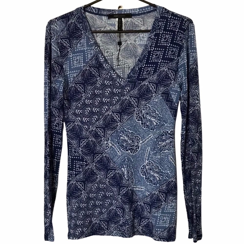 BCBGMaxAzria Blue & White Sheer Long Sleeve Top - NWOT